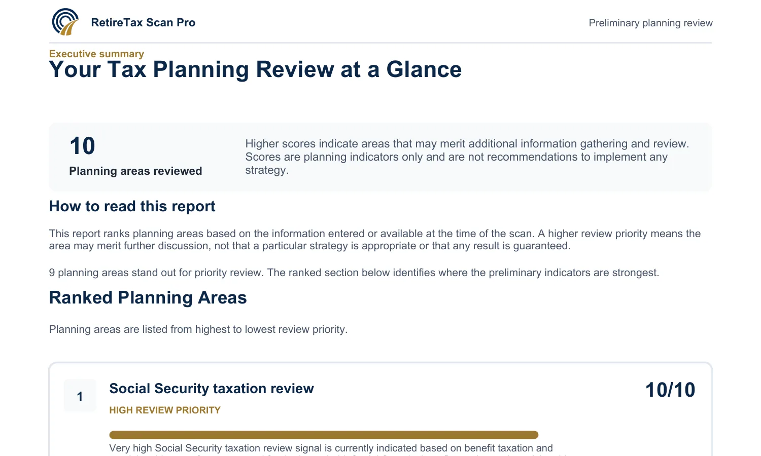 Fictional RetireTax Scan Pro client report showing the executive summary and ranked planning areas